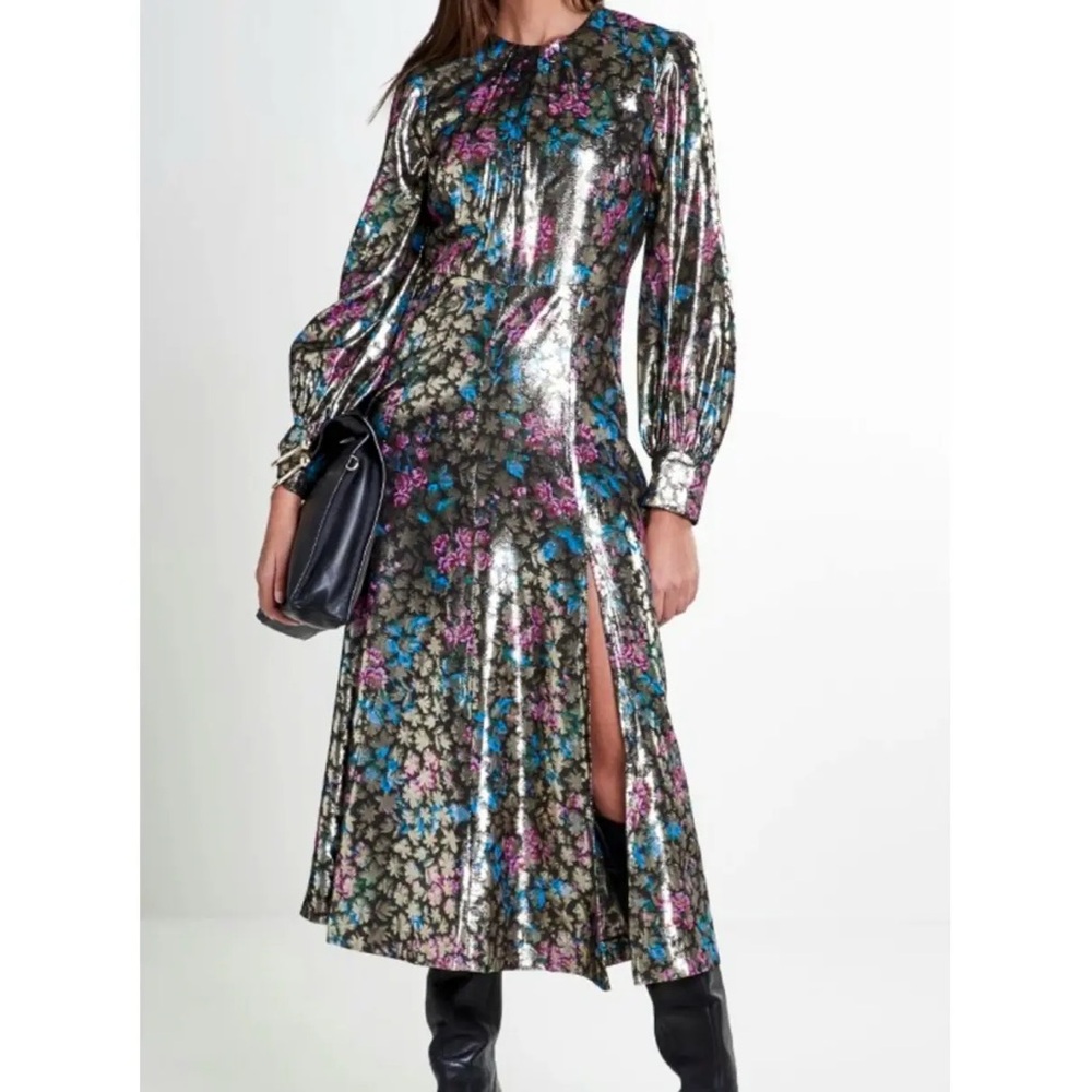 SANDRO Lara Metallic Floral Midi Dress